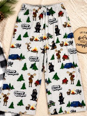 Lazy One Happy Camper Bear Moose Camping Pajama Pants Medium Cotton